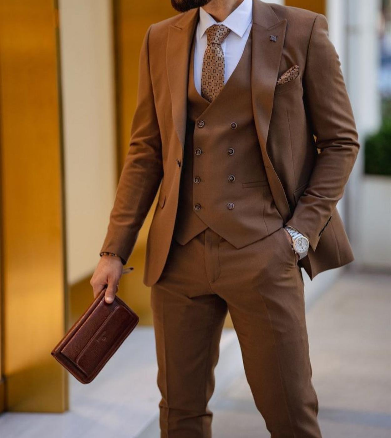 High Quality Brown Male Tuxedo Wedding Business Spring Autumn Bespoke Mens Suits 3 Pieces Jacketpantsvest Trajes De H
