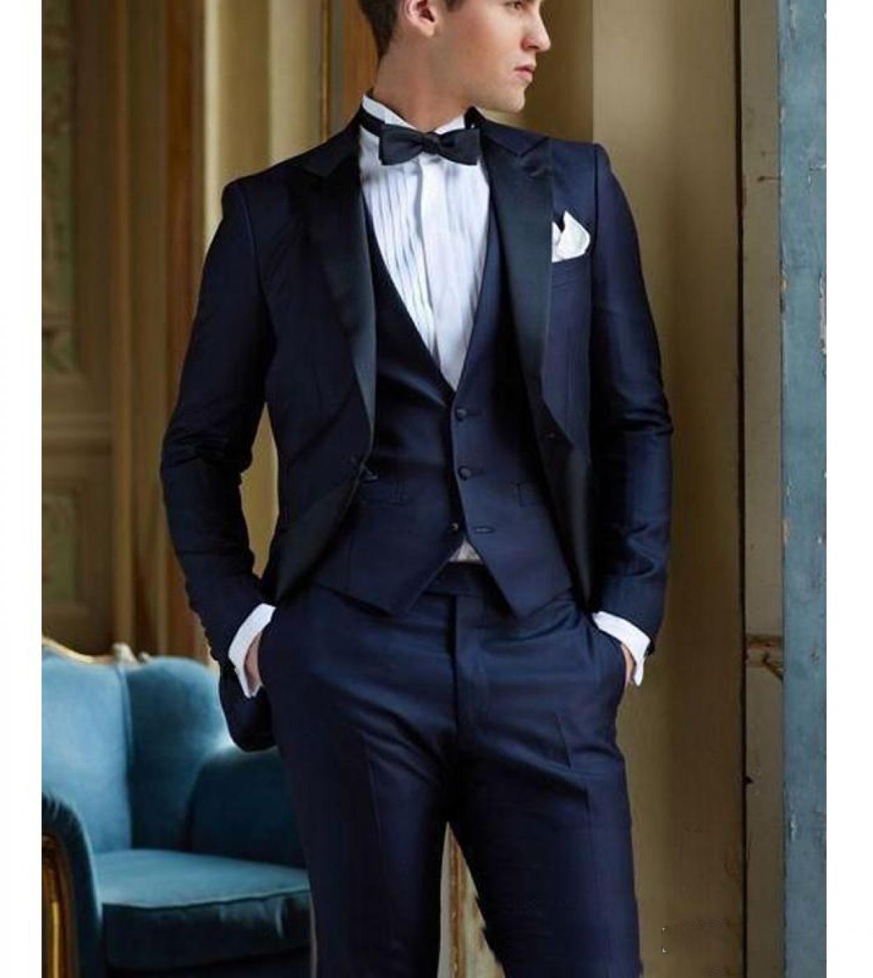 2022 Tailored Navy Blue Italian Wedding Tuxedo Mens Slim Fit Groom Outfit 3 Piece