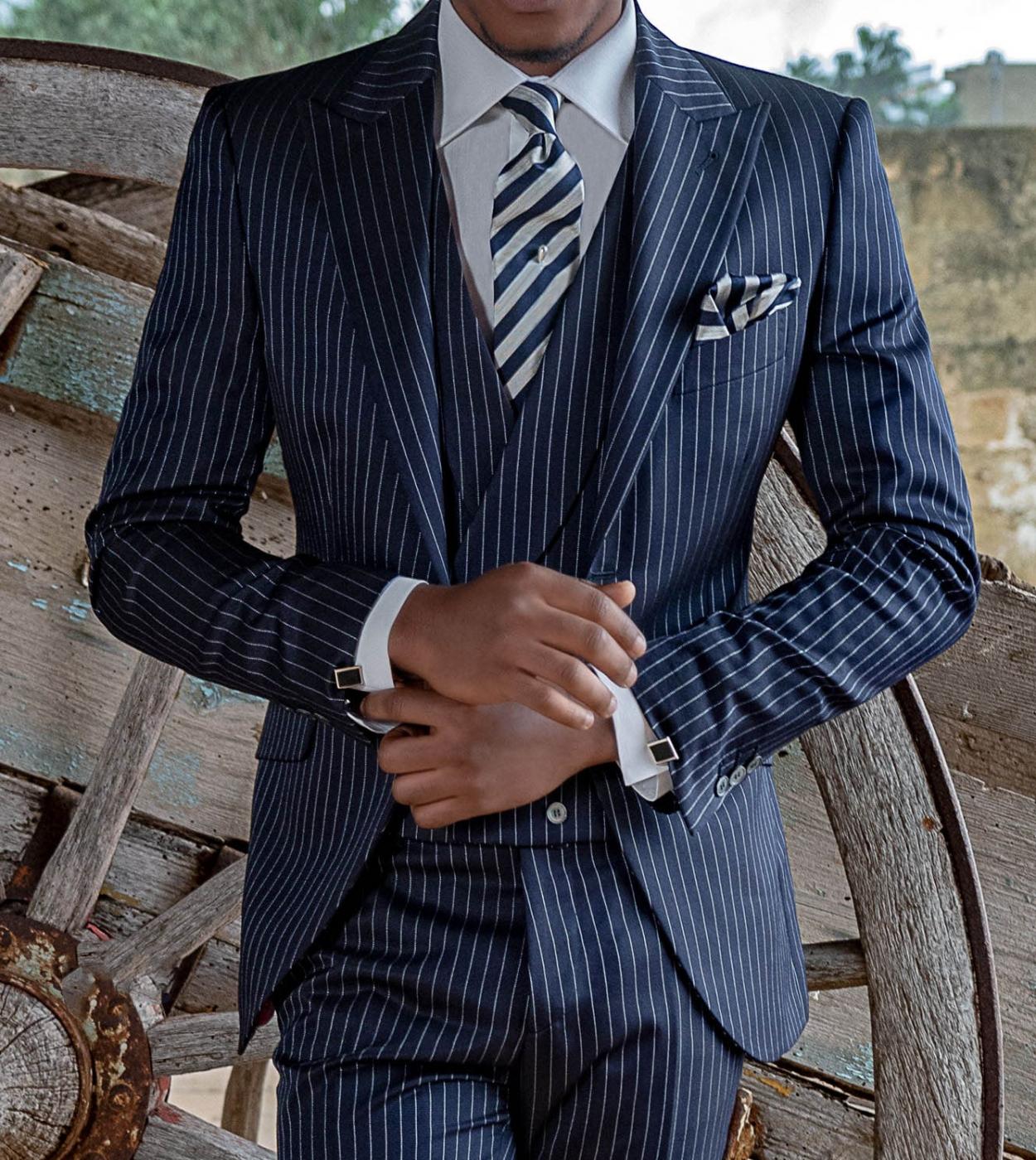 Navy Blue Stripe Fashion Men Suits Wedding Party Blazer Sets Groomsmen Wear Casual Custom Made Tuxedo 3 Piece Jacketpan