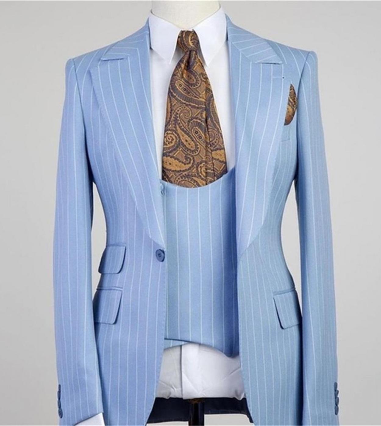 Homme Light Blue Stripe Men Suits 3 Pieces One Button Peak Lapel Casual Groom Wedding Terno Masculino Slim Fit Blazer Se
