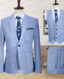 2023 Classic Lattice Denim Blue Men Suits Three Pieces Fashion Wedding Suit Jacket Tuxedos For Men High Qualit Casual Oc