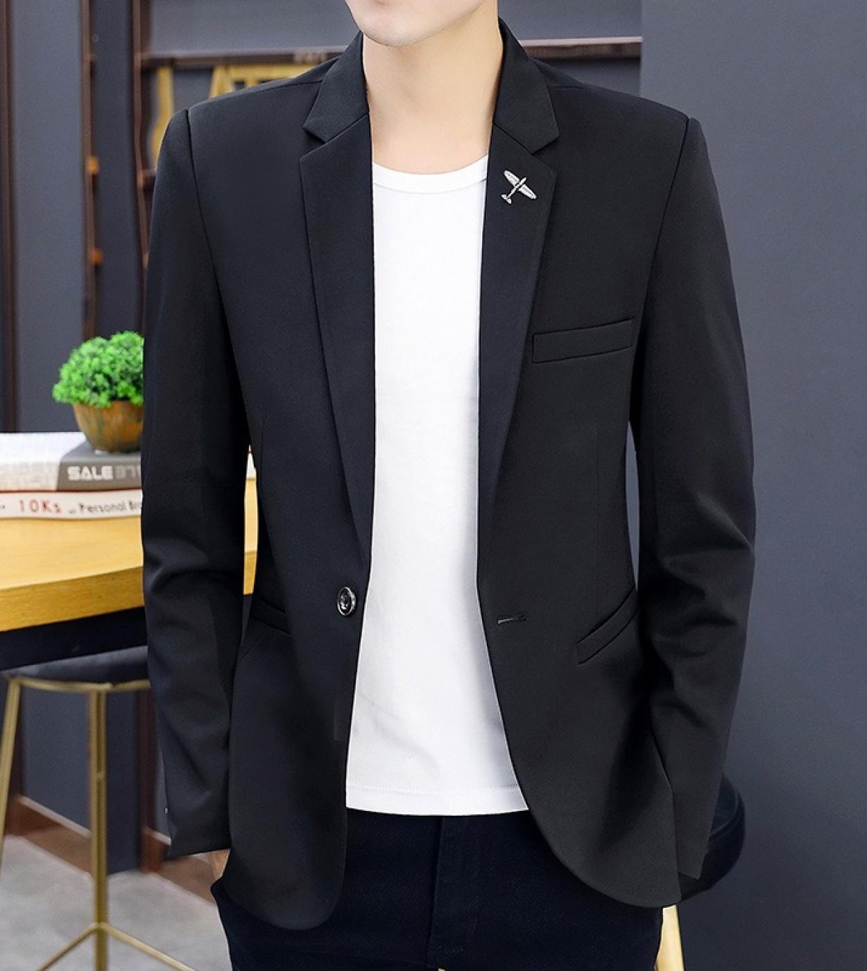 Mens Spring And Autumn New Business Casual Slim Suit Long Sleeved Jacket Aircraft Pin Decoration 1 Single Breasted Suit