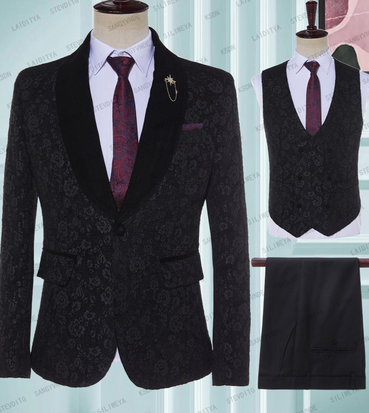 2023 Black Jacquard Bronzing Floral Blazer Men Luxury Brand Single Button Suit Jacket Men Wedding Party Stage Costume Ho