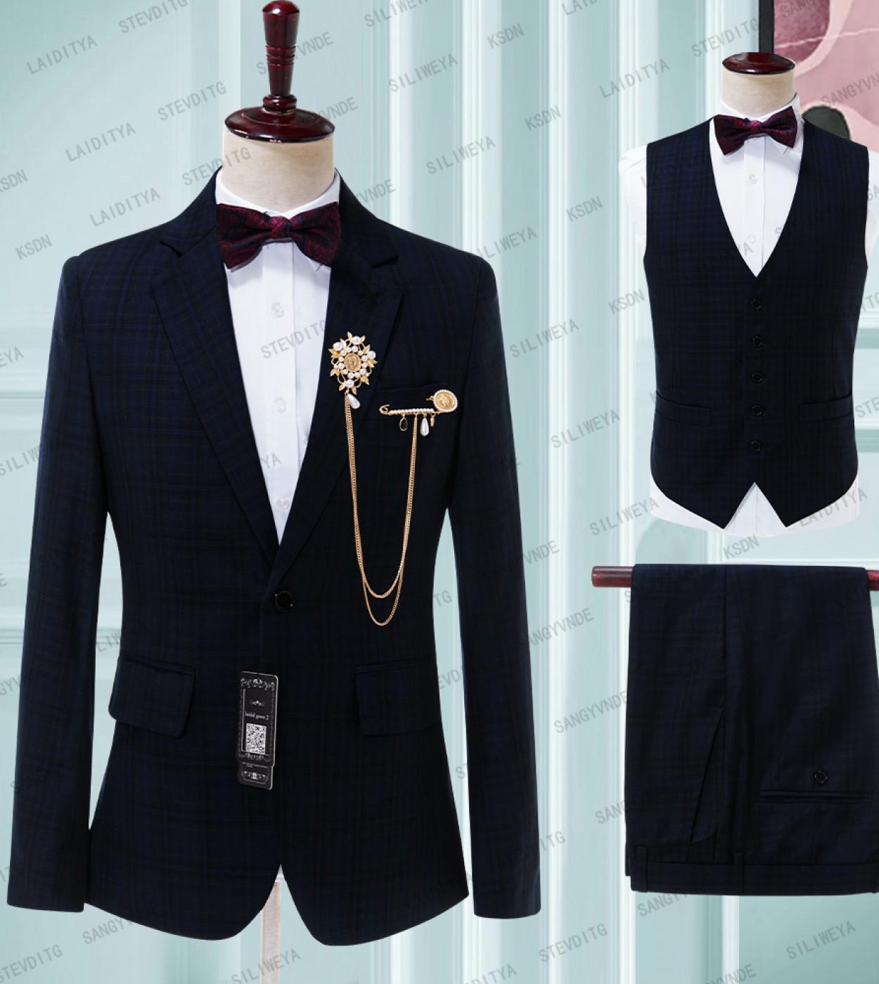 2023 New Style Dark Blue Male Blazers Slim Check British Business Suit Men Three Piece Wedding Bridegroom Jacketpants