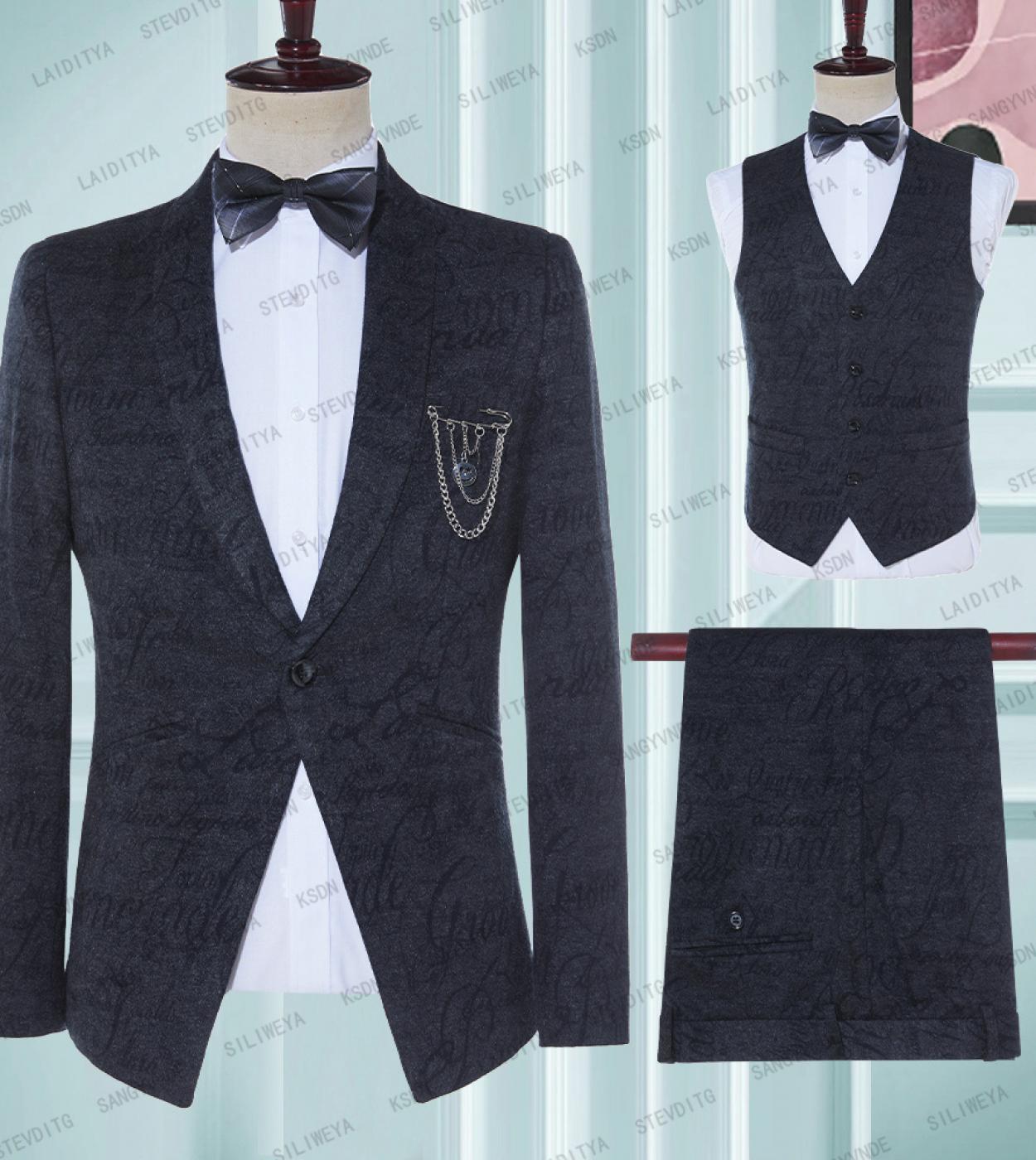 Dark Grey Jacquard Bronzing Floral Blazer Men 2023 Luxury Brand Single Button Suit Jacket Men Wedding Velvet Lapel 3 Pie