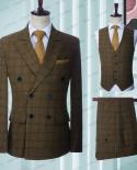2023boutique Peak Lape Lattice Formal Business Mens Suit 3pces Set Groom Wedding Dress Plaid Suit Show Stage jacketves