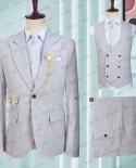 2023 Mens Casual Boutique Business Linen British Blue And Orange Plaid Linen Blazers Jacket Trousers Waistcoat Suit 3 P