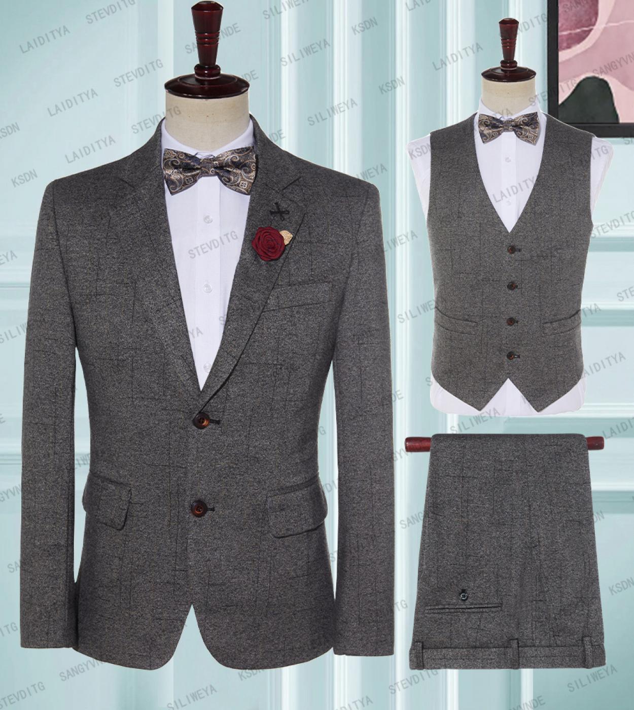 2023 Grey High End Brand Boutique Luxury Fashion Plaid Stripe Mens Formal Business Office Casual Suit Groom Wedding Part