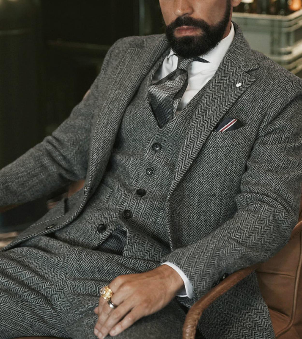 Gray Woollen Herringbone Men Suits For Wedding Groom Tuxedo 3 Piece Tweed Custom Fashion Set Jacket With Pants Waistcoat