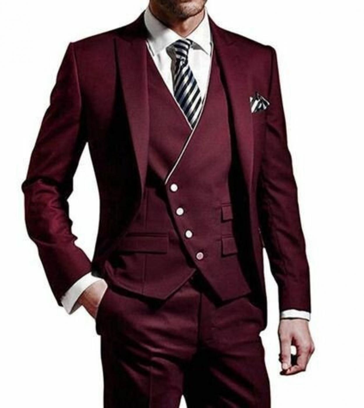 Peak Lapel Slim Men Suits Burgundy Vintage Male Blazer Boutique Custom Fashion Three Pieces jacketpantsvest Trajes D