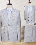 2023 Mens Casual Boutique Business Retro British Blue And Orange Plaid Linen Blazers Jacket Trousers Waistcoat Suit 3 P