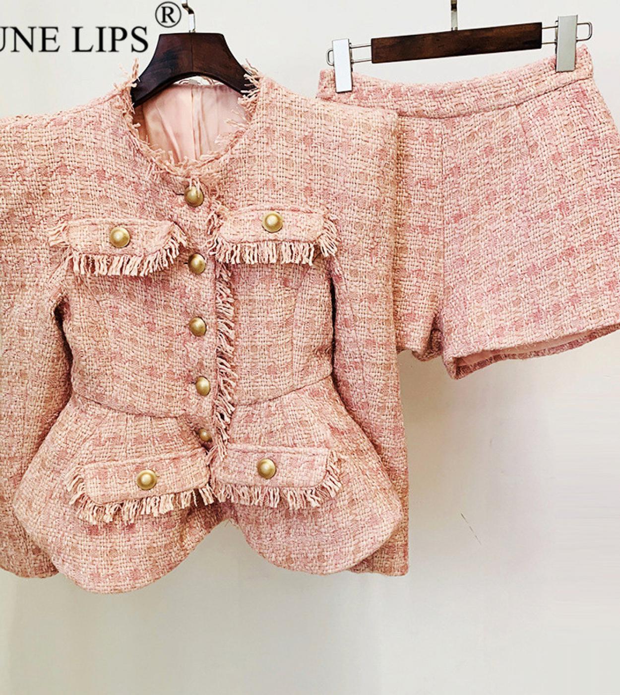June Lips Shorts Set Womens Bright Silk Single Breasted Slim Fit Pink Tweed Coat  Shorts Twopiece Set Autumn And Winte