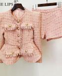 June Lips Shorts Set Womens Bright Silk Single Breasted Slim Fit Pink Tweed Coat  Shorts Twopiece Set Autumn And Winte