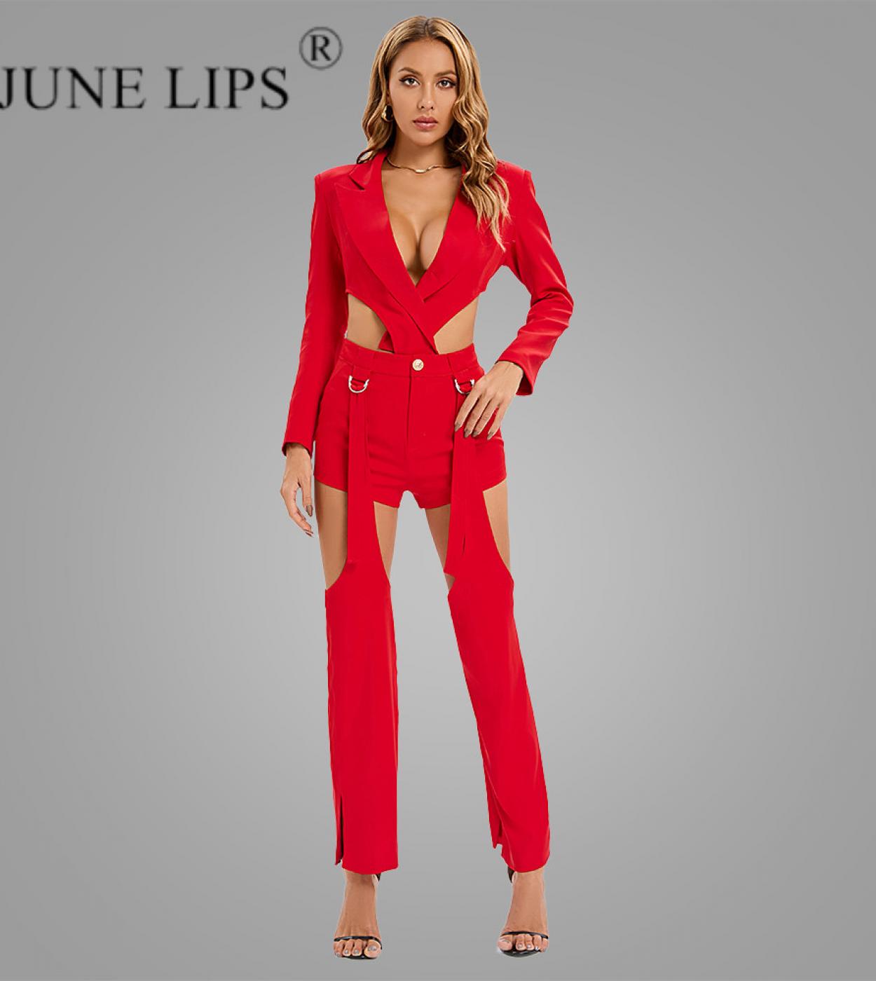 June Lips Autumn And Winter New Fashion Hollow Out  Casual Small Suit High Waist Shorts Adjustable Pants Three Piece Set
