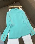 June Lips Women Suit Jacket Fashion Lion Head Metal Buckle Double Breasted Green Fruit Color High Quality Suit Mint O104