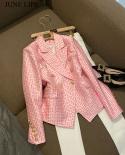 June Lips High Street Newest 2022 Designer Jacket Women Pink Lion Buttons Double Breasted Slim Fitting Monogram Jacquard