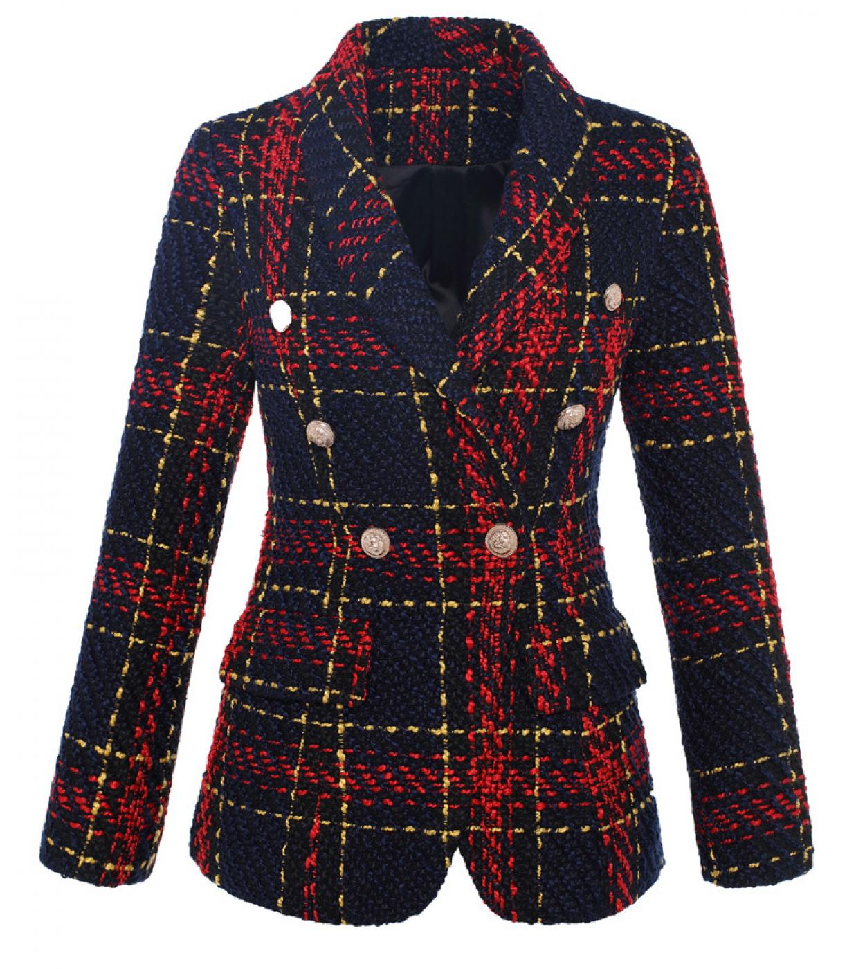 Xxl Tweed Woolen Blazer Coats Women Suit  New Womens Jacket Thick Line Lattice Woven Doublebreasted Blazers Female Autu