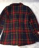Xxl Tweed Woolen Blazer Coats Women Suit  New Womens Jacket Thick Line Lattice Woven Doublebreasted Blazers Female Autu