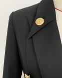Black Blazers Women Jackets Notched Neck Decoration Double Breasted Gold Buttons Office  Blazer Mujer High Qualityblazer