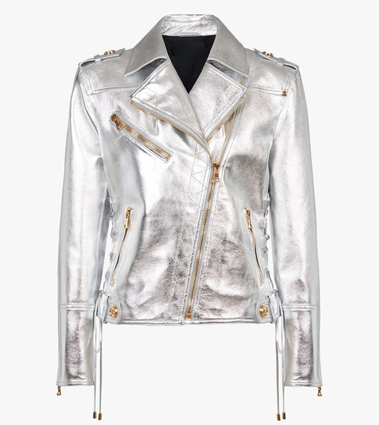 New Designer Silver Pu Leather Jacket Women Lacing Up Metallic Synthetic Faux Leather Motorcycle Biker Jackets 2022 High