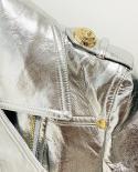 New Designer Silver Pu Leather Jacket Women Lacing Up Metallic Synthetic Faux Leather Motorcycle Biker Jackets 2022 High