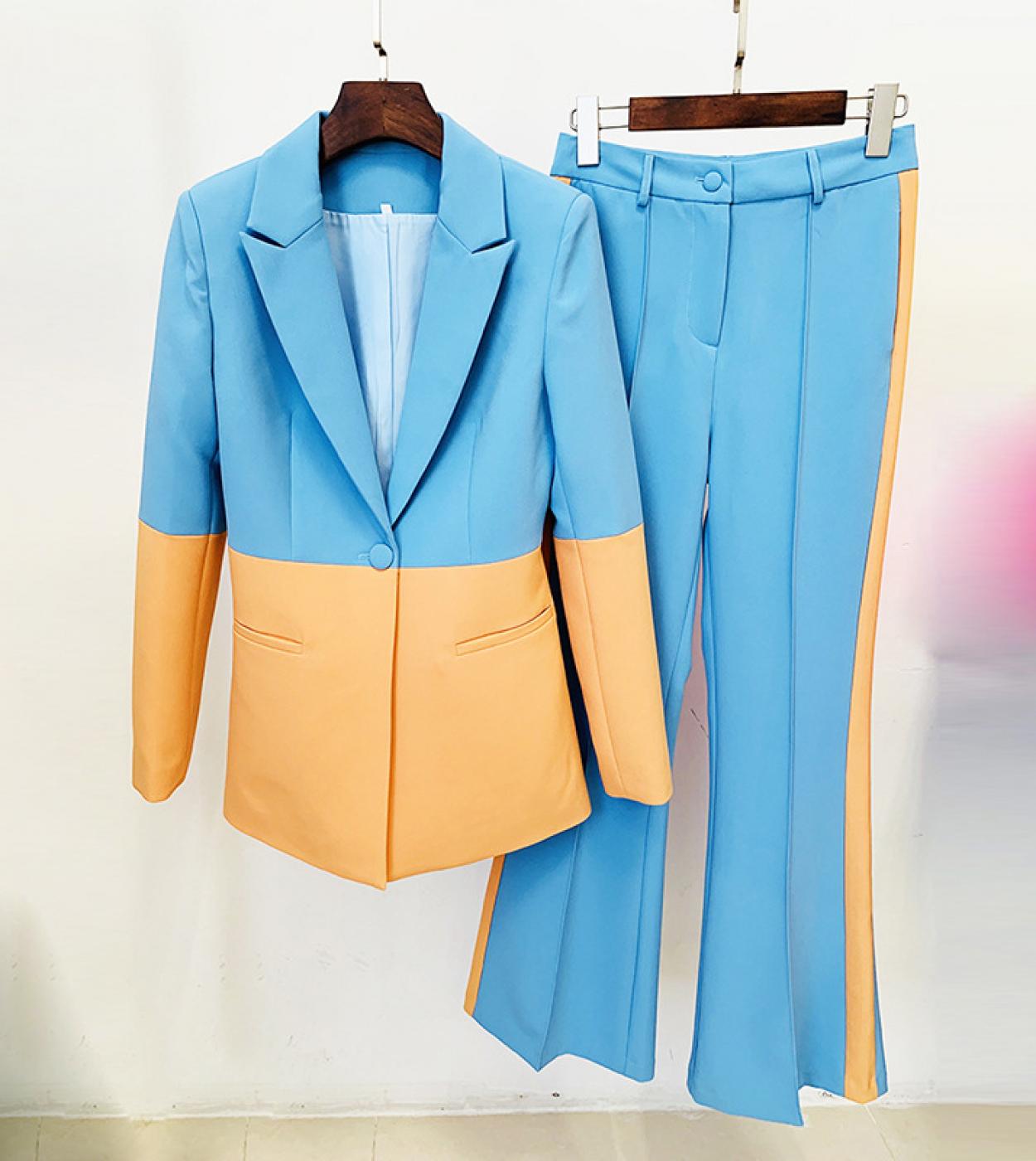 Two Piece Sets Blazer Pants Blue Yellow Women Office Single Breasted Button Blazers For Women Elegant Stylish Pants Blaz