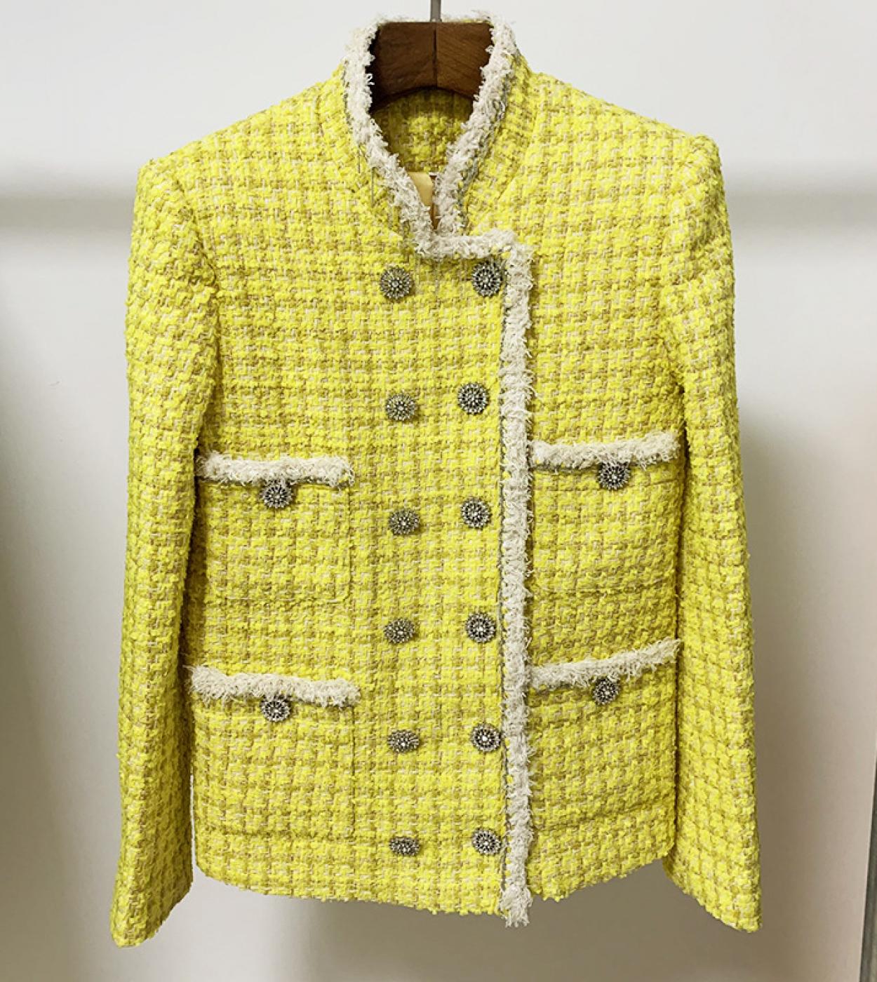 Thick Woolen Tweed Women Jacket  Winter Standup Collar Chaintrimmed Yellow Casual Ladies Coat Jackets Women High Quality