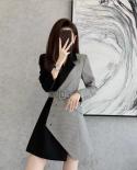 New  Autumn Winter Fake Two Pieces Long Sleeve Plaid Suit Coat Women Patchwork Trend Blazer Dress Loose Outwear Clothing