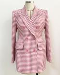 High Quality Newest 2022 Fall Winter Fashion Designer Overcoat Womens Slim Fitting Pink Houndstooth Tweed Wool Coat  Wo