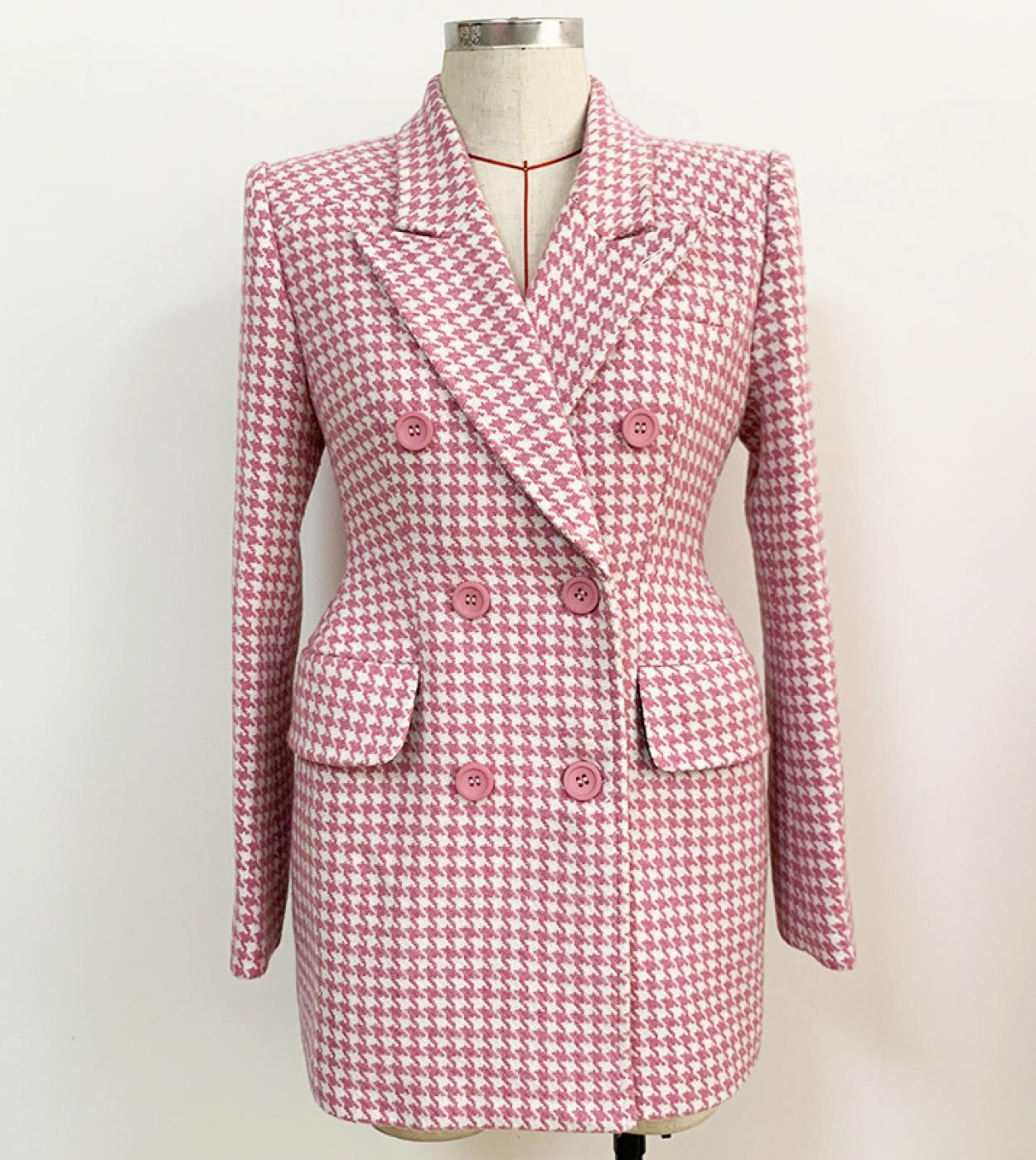 High Quality Newest 2022 Fall Winter Fashion Designer Overcoat Womens Slim Fitting Pink Houndstooth Tweed Wool Coat  Wo