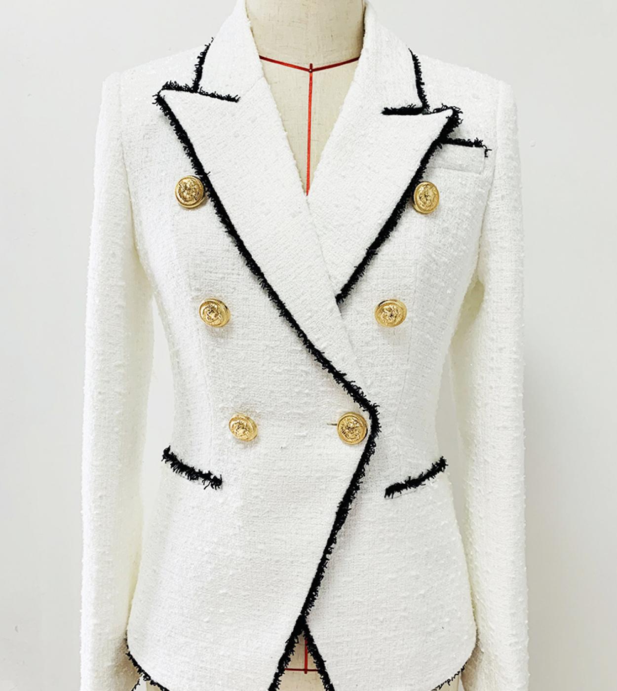 High Street Newest Fashion 2022 Designer Jacket Womens Slim Fitting Lion Buttons Contrast Color Fringed Tweed Blazer  B