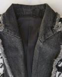 Newest 2023 Stylish Designer Blazer Womens Denim Patchwork Tassel Fringed Houndstooth Tweed Blazer Jacket With Beltblaz