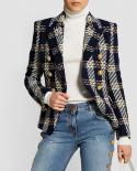 Top Quality Newest Fashion Fw 2023 Designer Jacket Womens Slim Fit Lion Buttons Double Breasted Plaid Wool Tweed Blaze