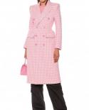 High Quality Winter  Fashion Designer Overcoat Womens Slim Fitting Double Breasted Pink Houndstooth Tweed Wool Long Coa