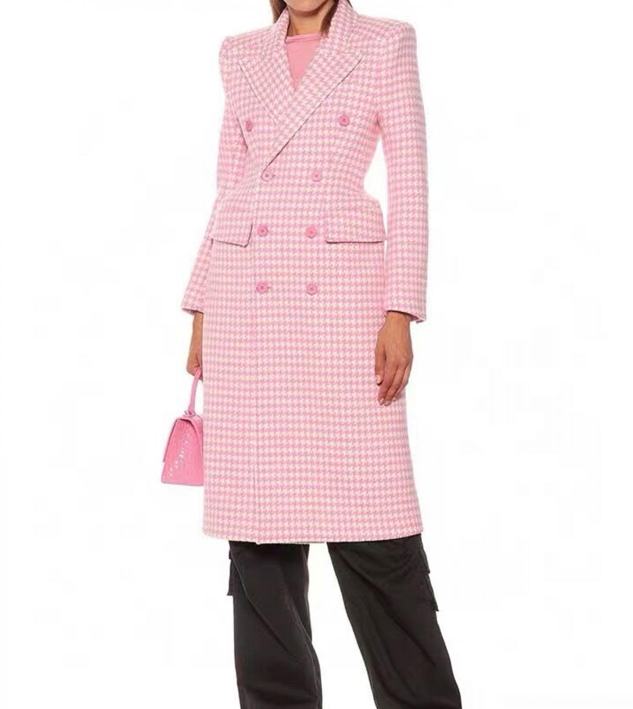 High Quality Winter  Fashion Designer Overcoat Womens Slim Fitting Double Breasted Pink Houndstooth Tweed Wool Long Coa