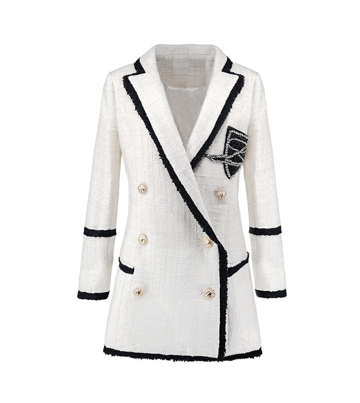 Women High Street Long Jackets Runway Beading Double Breasted Solid Color White Slim Chic Blazers High Qualityblazers