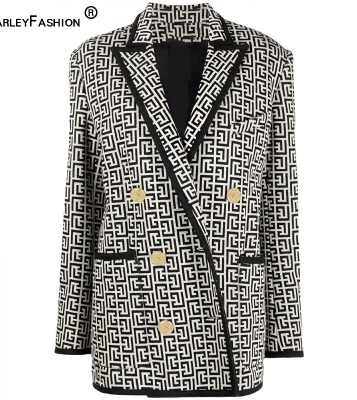  Ladies Spring High Street Classic Featured Fabric Geometric Texture Patchwork Jacket Lion Head Buckle Notched Blazer