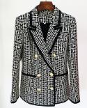  Ladies Spring High Street Classic Featured Fabric Geometric Texture Patchwork Jacket Lion Head Buckle Notched Blazer