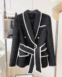 New Winter Shawl Collor Elegant Warm Thick Fabric Woven Tweed Casual Women Bodycon Jacket Quality Blazer With Belt