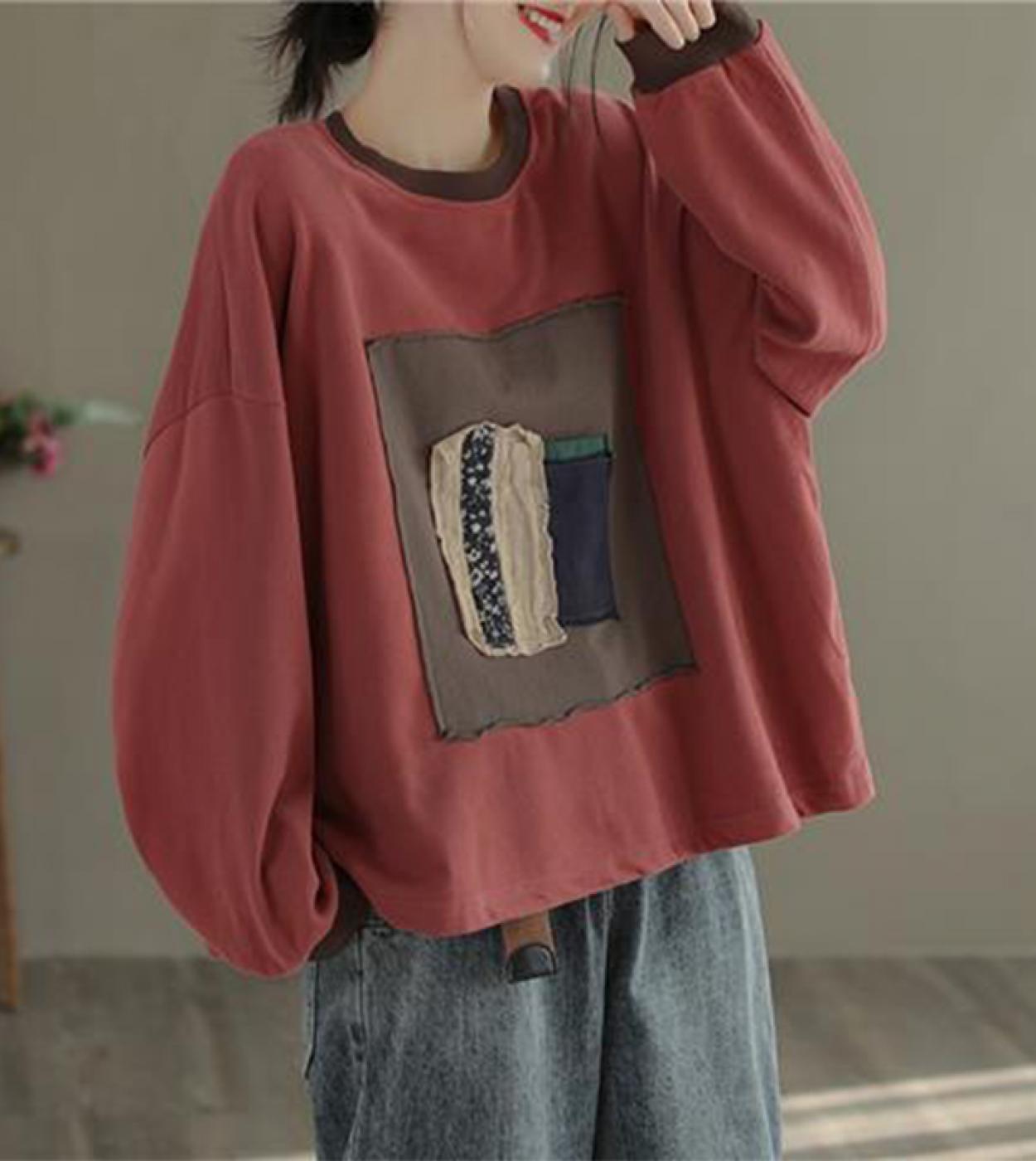 2022 Spring New Arts Style Women Long Sleeve Loose Tee Shirt Femme Tops 100 Cotton Patchwork Design Casual O Neck T Shi