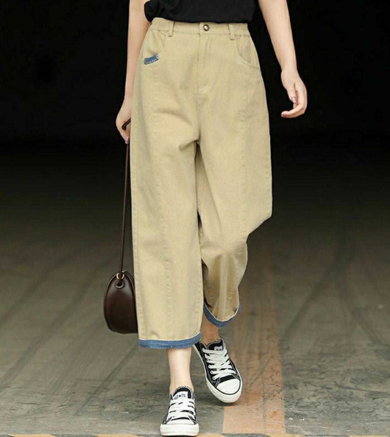 ¡Novedad de primavera 2022! Pantalones bombachos de mezclilla de algodón caqui de cintura alta para mujer de estilo artístico, p