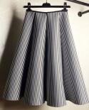 New Arrival Spring Autumn  Fashion Women High Waist Striped A Line Skirts High Quality Space Cotton Casual Long Skirt V1