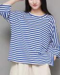 New Arrival Summer  Style Women Loose Casual Three Quarter Sleeve T Shirt All Matched O Neck Striped Cotton T Shirt W197