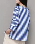 New Arrival Summer  Style Women Loose Casual Three Quarter Sleeve T Shirt All Matched O Neck Striped Cotton T Shirt W197
