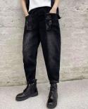  Spring Autumn New Arts Style Women Elastic Waist Loose Vintage Black Jeans Casual Cotton Denim Harem Pants V682  Jeans