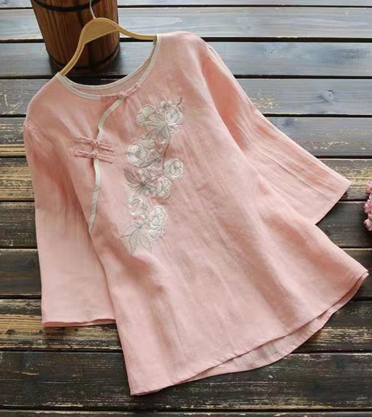 New Arrival  Summer Women Tshirt Folk Style Vintage Floral Embroidery Tee Shirt Femme Oneck Button Cotton Tops D334  Tsh