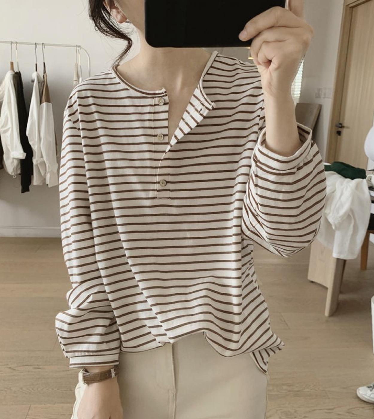 2022 Spring Autumn New Arts Style Women Long Sleeve Loose Casual Tee Shirt Femme Tops 100 Cotton Striped O Neck T Shirt