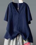 Summer Women Tshirt Short Sleeve Casual Loose V Neck Tee Shirt Femme Irregularity Vintage Cotton Linen Tops D9tshirts