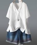Summer Women Tshirt Short Sleeve Casual Loose V Neck Tee Shirt Femme Irregularity Vintage Cotton Linen Tops D9tshirts