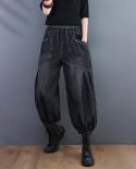 2022 Spring Autumn Arts Style Women Elastic Waist Loose Cotton Denim Ankle Length Pants Double Pocket Vintage Black Jean